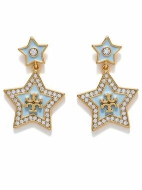 TORY BURCH GOLD + BLUE LOGO PAVÉ FALLING STAR DROP EARRINGS